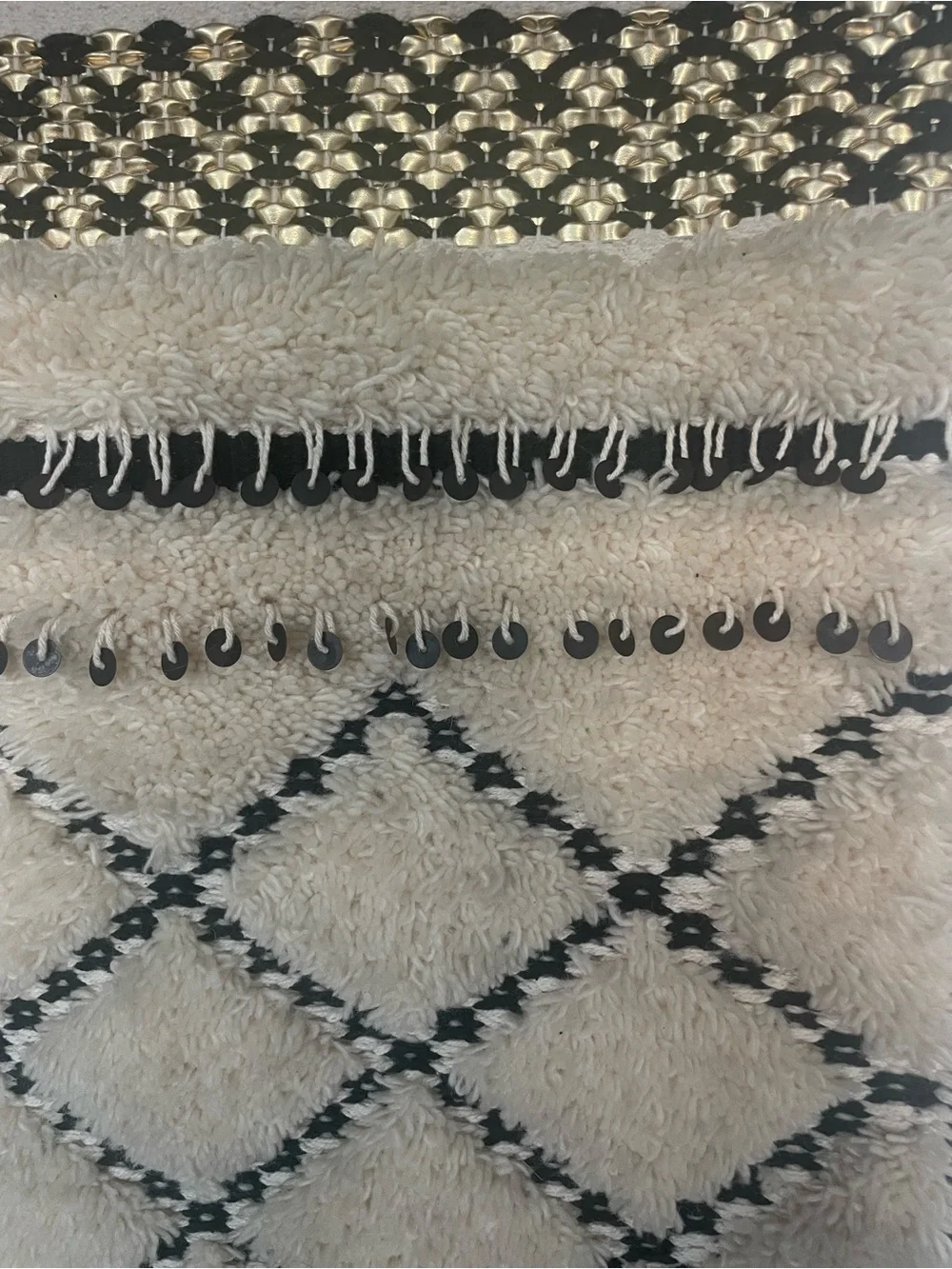 Sequin and Shag Neutrals Fringe Woven Wall Hanging Moroccan Style